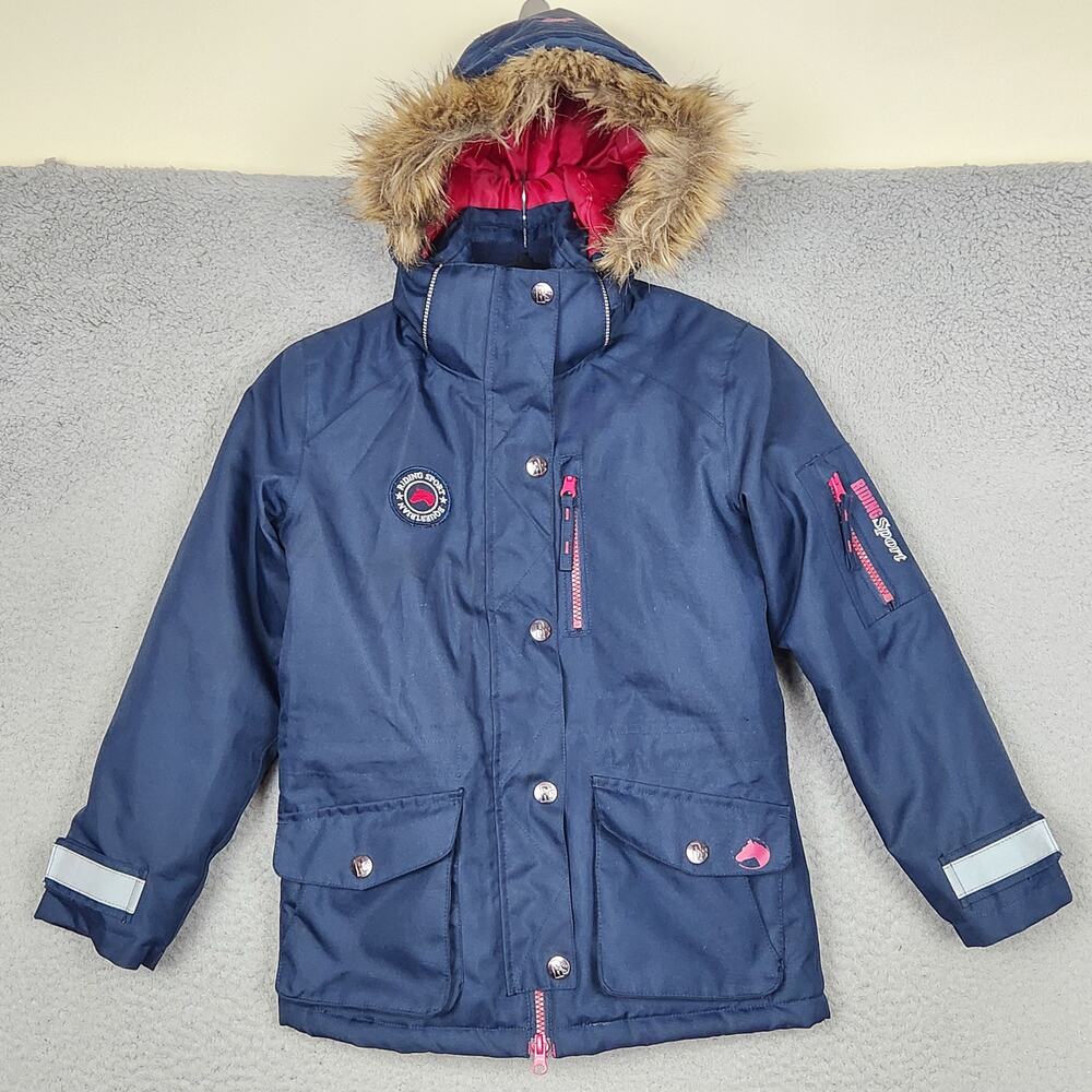 RIDING SPORT Coat Kids Small Blue Lined Padded Full Zip Faux Fur Hood Pockets